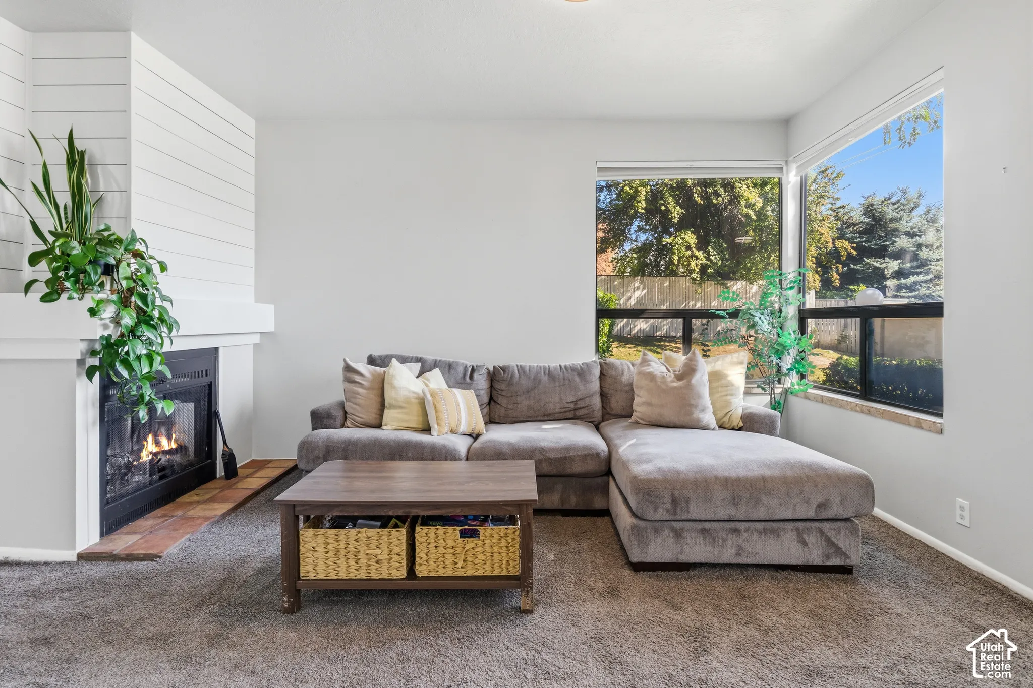 Living area with carpet flooring, a corner fireplace featuring shiplap detailing and a hearth, and dual large windows providing natural light