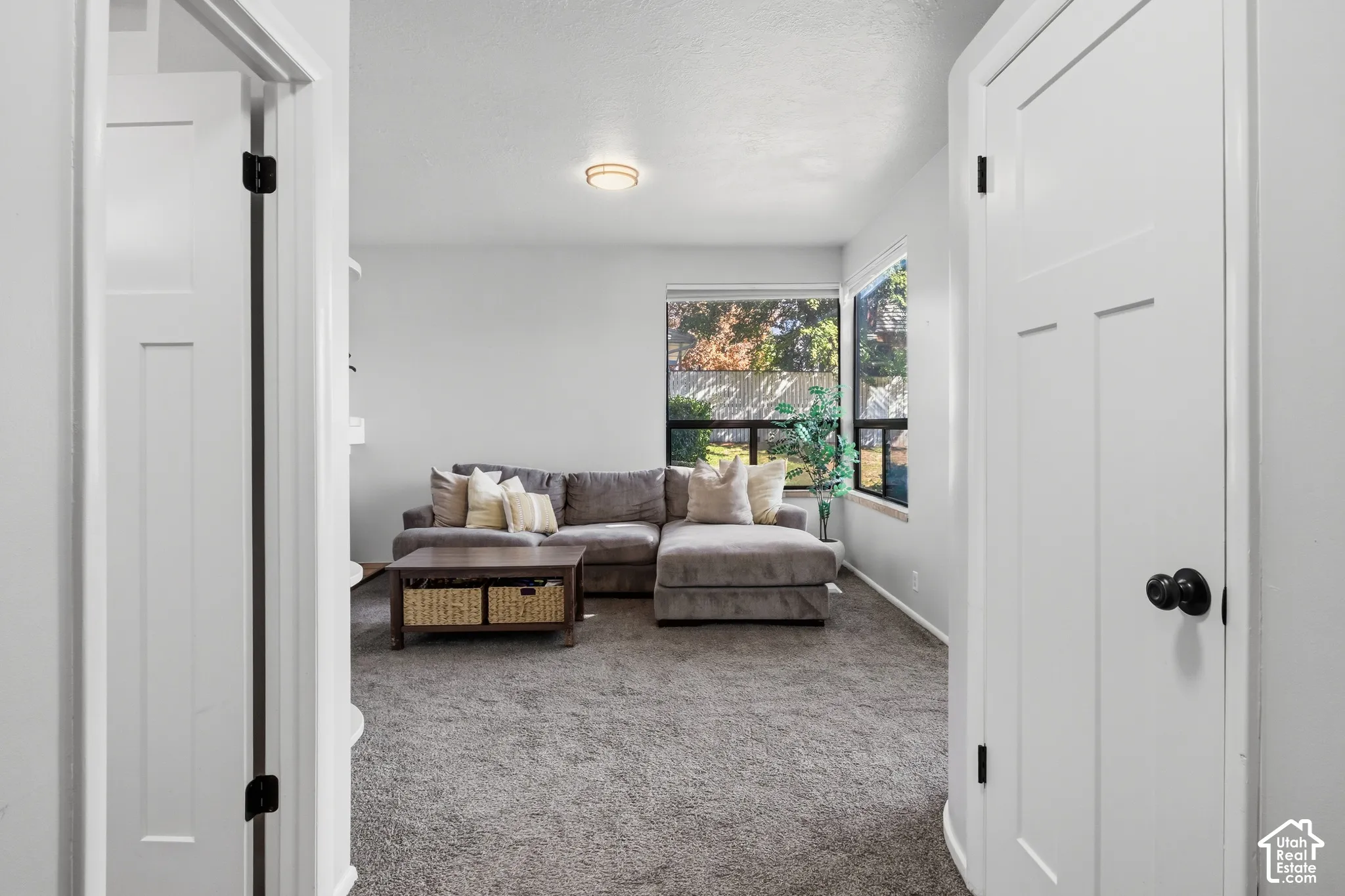 Recessed lighting, large windows, light gray walls, and carpet flooring