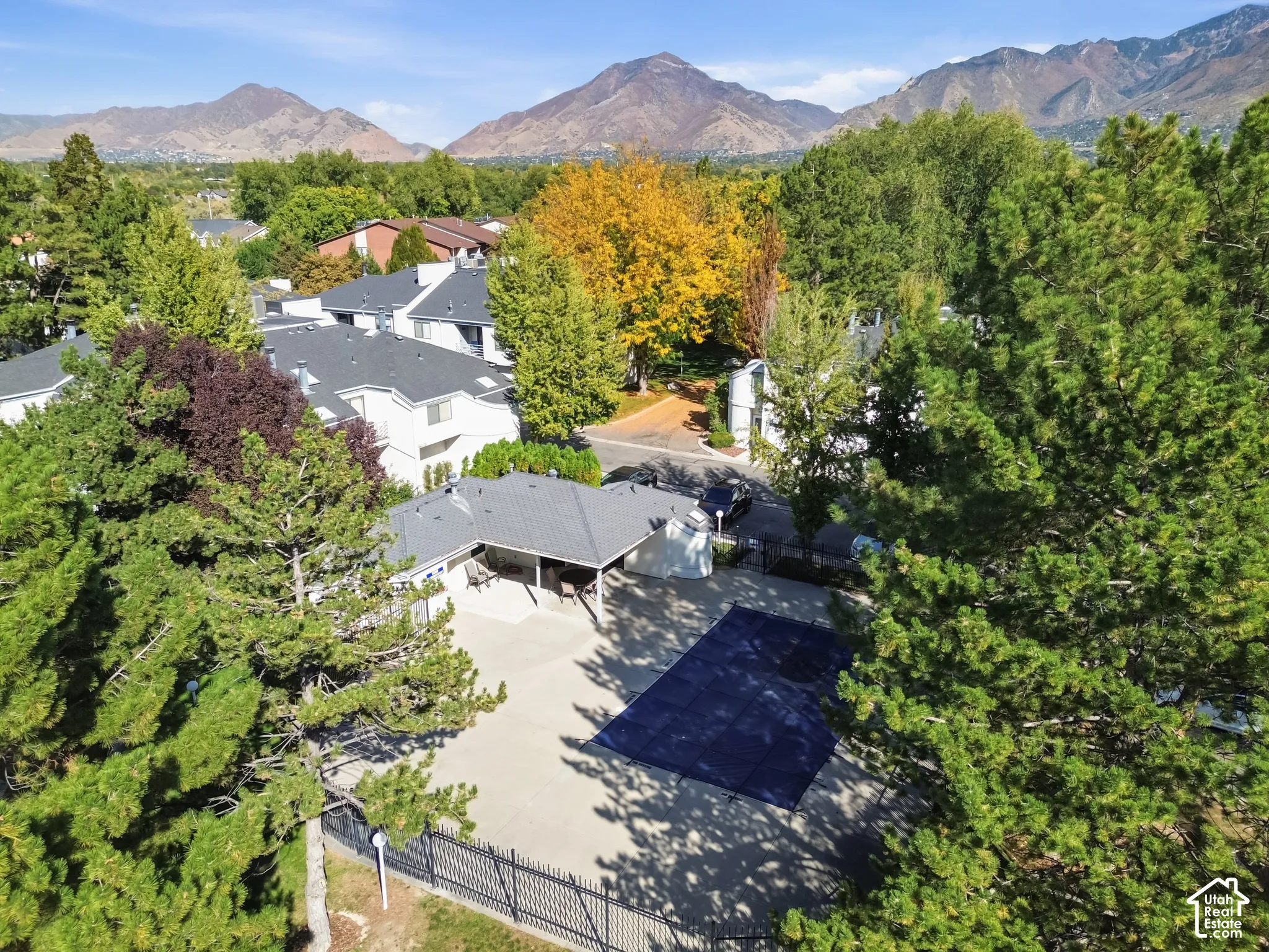 Aerial view showcasing a modern residence with clean architectural lines, surrounded by mature landscaping including tall evergreen trees and mixed plantings