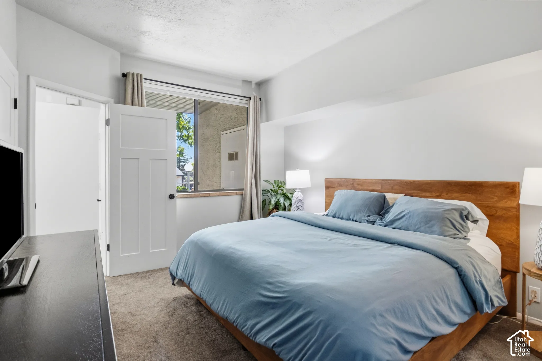 Recessed ceiling lighting, textured carpet flooring, and a window with a curtain rod