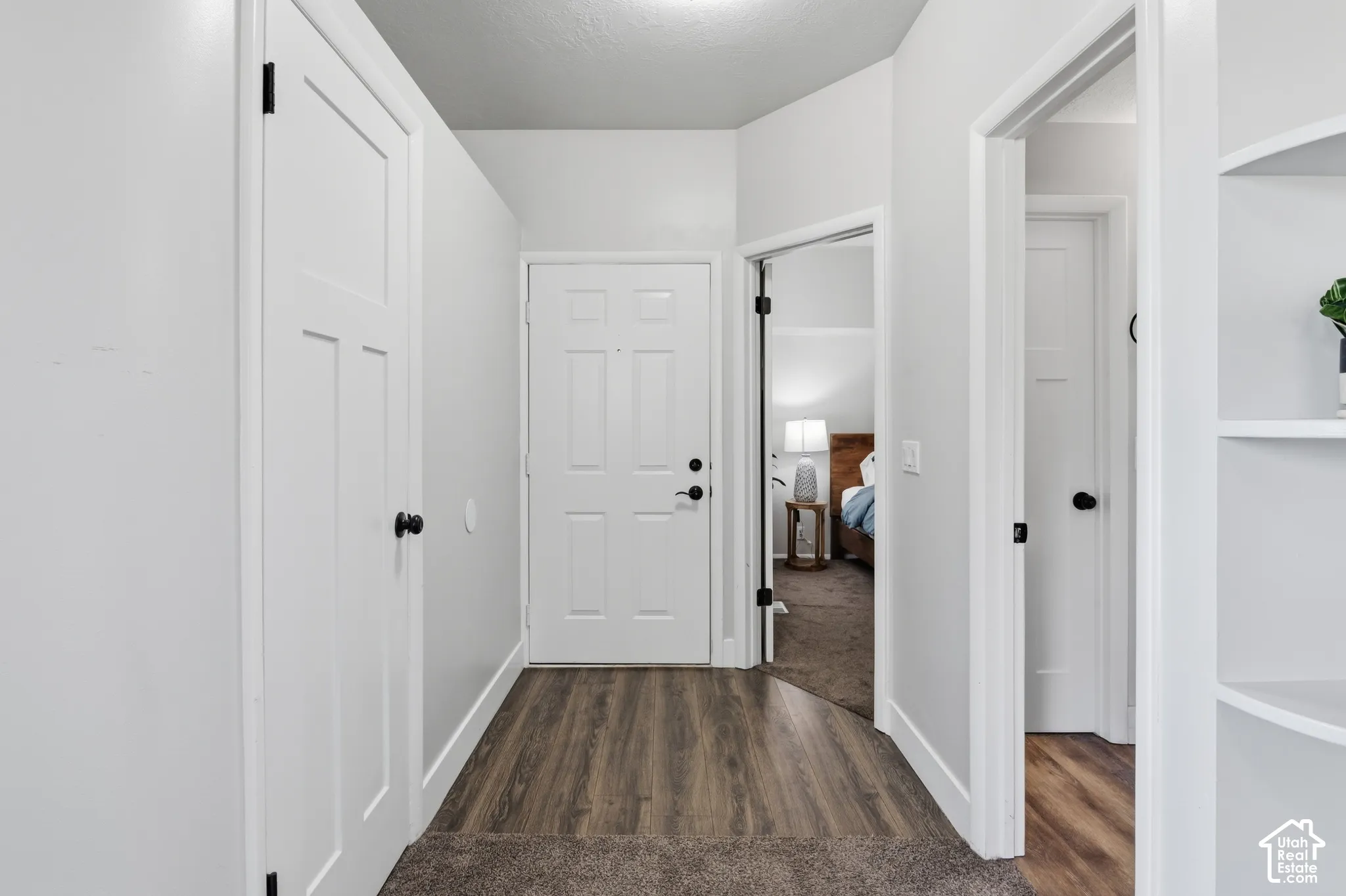 Bright hallway showcasing white six-panel doors with matte black hardware, wood-finish flooring, and built-in shelving with display space