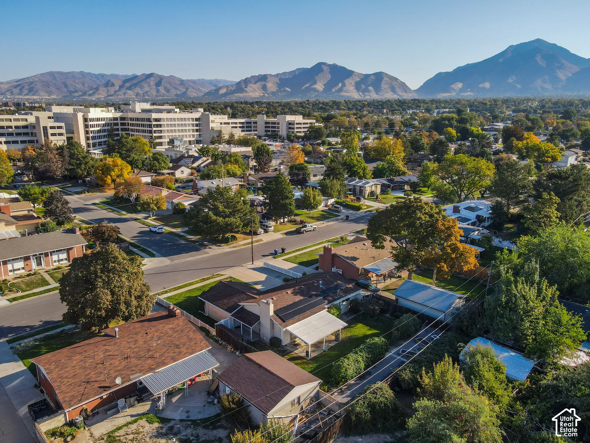 Residential neighborhood featuring mature trees and mountain scenery
