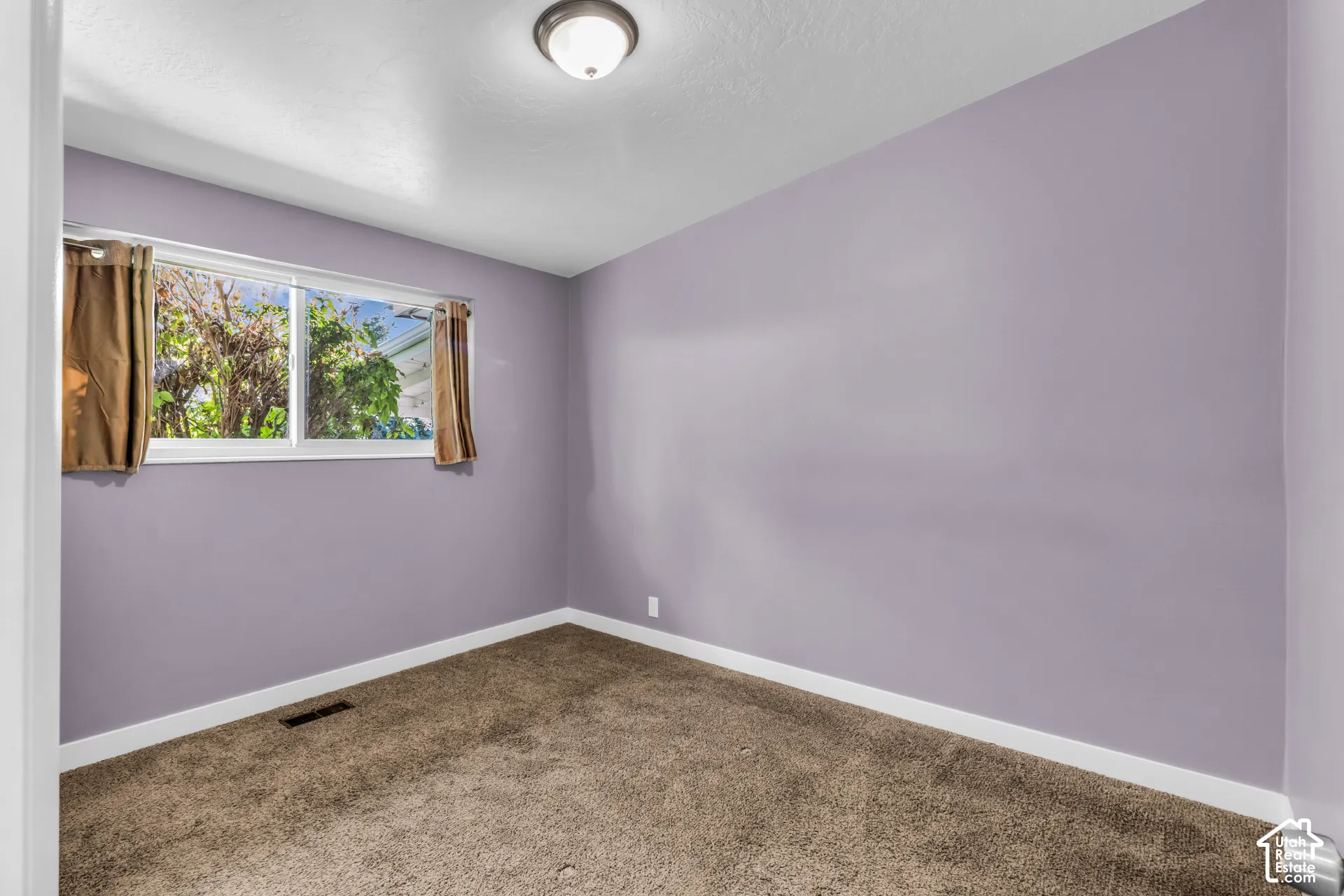 Neutral wall color with white trim and brown carpet flooring