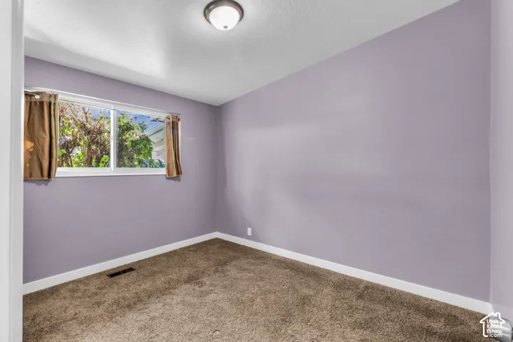 Neutral wall color with white trim and brown carpet flooring
