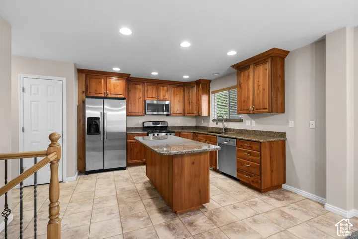 Kitchen featuring wood cabinetry, granite countertops, stainless steel appliances, a center island, and tile flooring