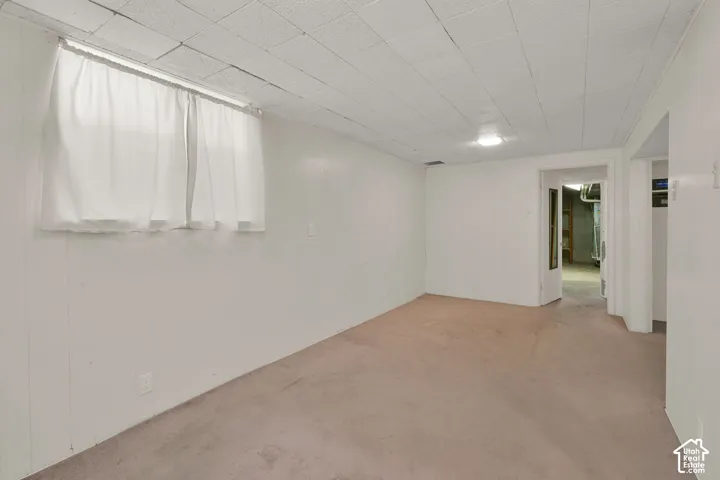 Recessed window, paneled walls, flush-mount ceiling light, and carpeted flooring