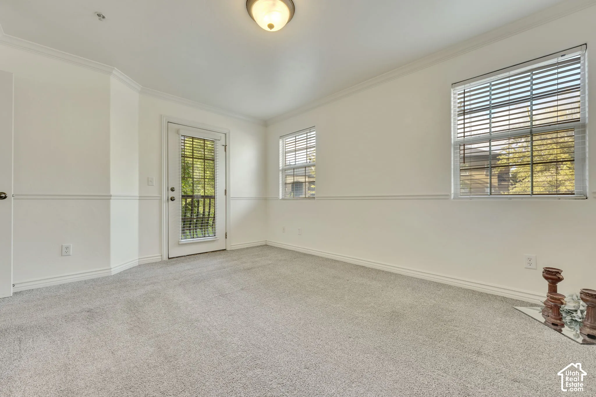 Light gray carpeted room featuring multiple windows, a white door with glass panels, and crown molding