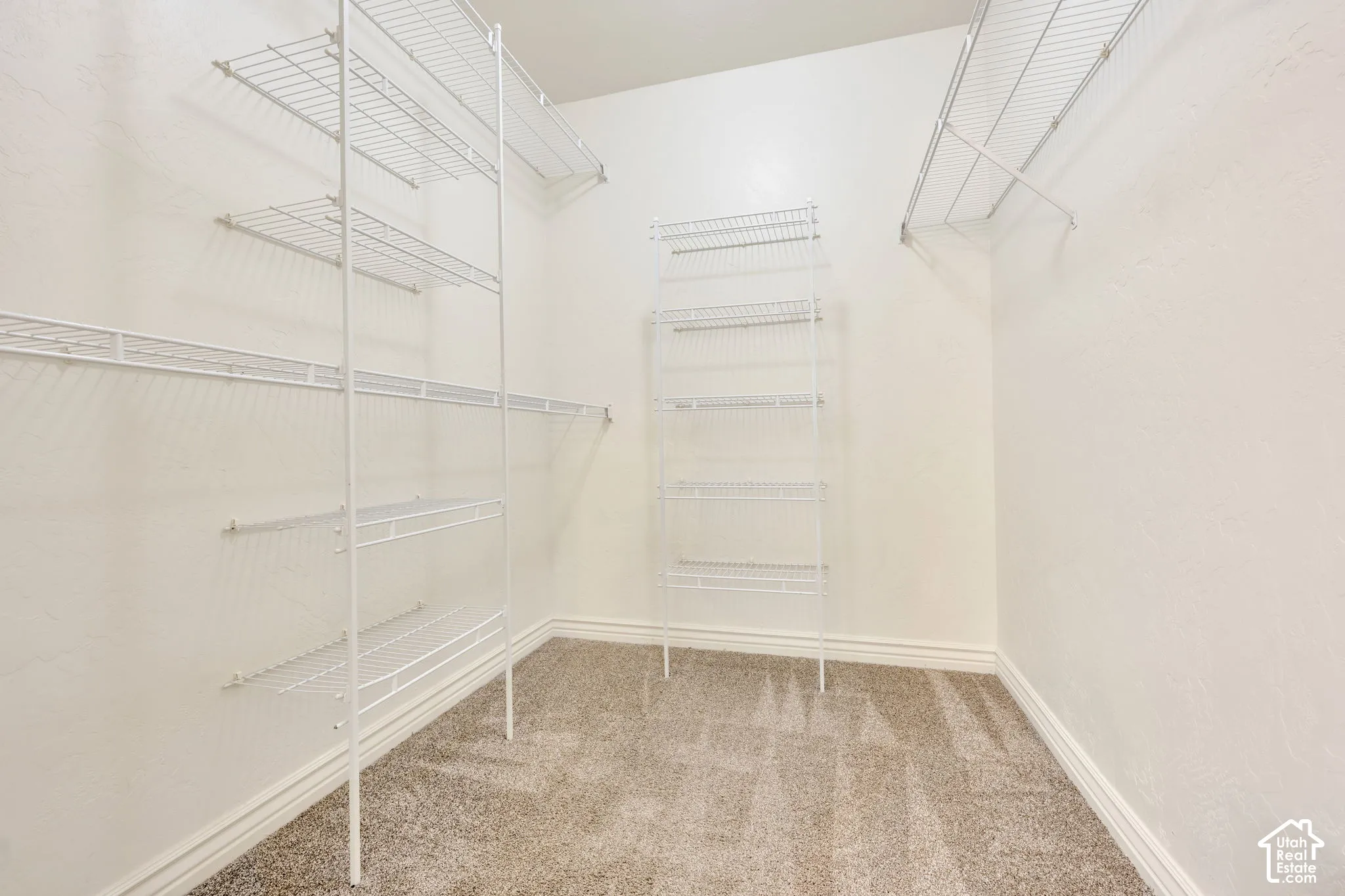 Walk-in closet with carpet flooring, white wire shelving, and white walls