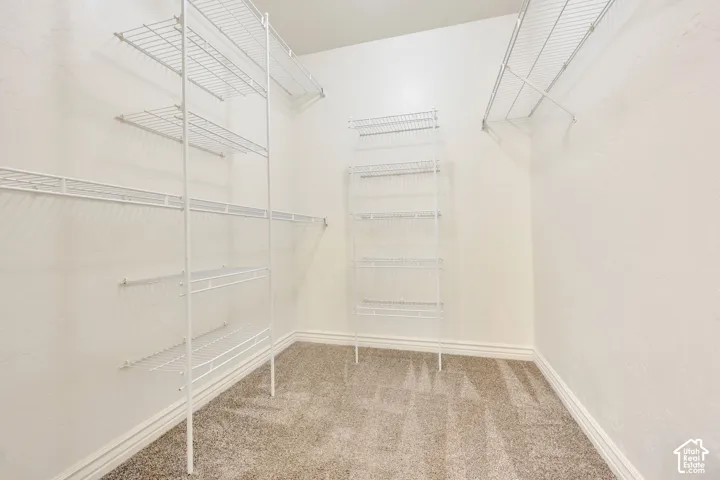 Walk-in closet with carpet flooring, white wire shelving, and white walls