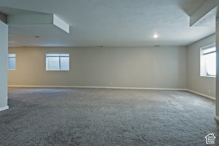Expansive room featuring neutral-toned walls, recessed lighting, and carpet flooring