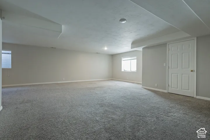 Expansive room featuring light gray carpeting, neutral wall finishes, recessed lighting, and a white paneled door
