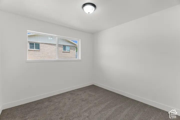 Carpeted flooring, white walls, white window trim, and a ceiling-mounted light fixture