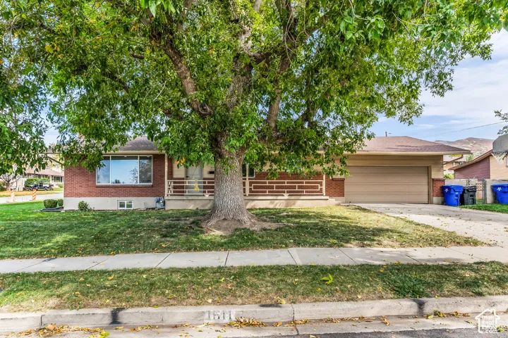 Brick exterior with a prominent mature tree, paved driveway, and an attached garage