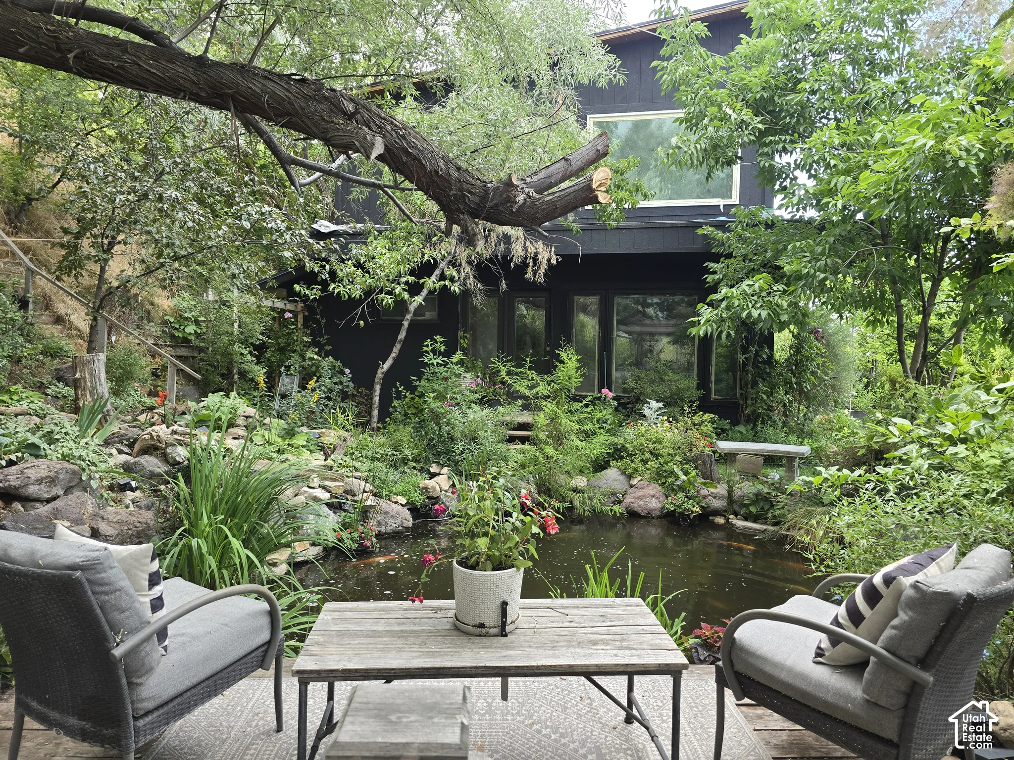 Expansive exterior featuring a koi pond, mature landscaping, and multi-pane windows