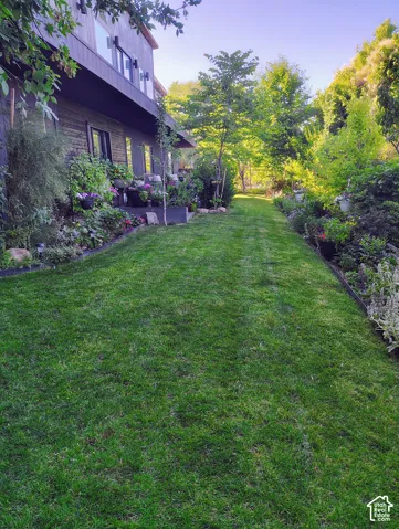 Expansive manicured lawn bordered by lush landscaping and mature trees