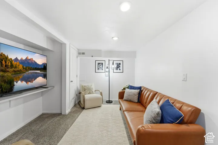Recessed ceiling lighting, mixed carpet and area rug flooring, and a wall-mounted display shelf