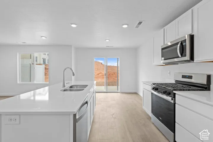 Modern kitchen featuring white cabinetry, stainless steel appliances, a center island with a double basin sink, and wood-finish flooring