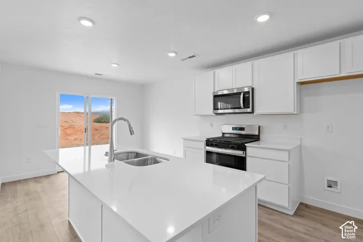 Kitchen featuring white cabinetry, stainless steel appliances, a center island with a double basin sink, and wood-finish flooring