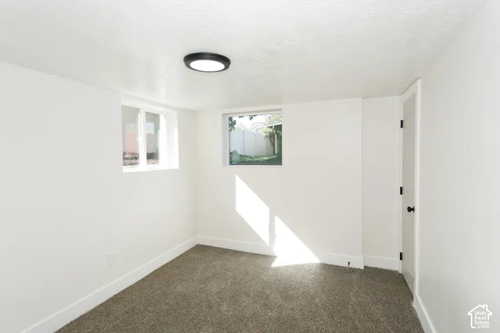 Recessed windows, white walls, and neutral carpeting