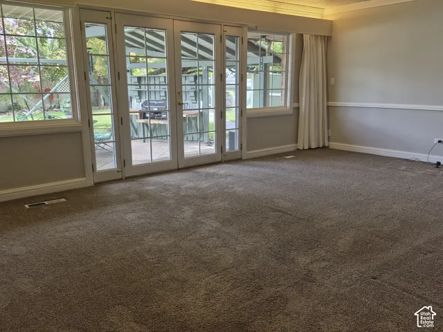 Expansive room with neutral carpeting, French-style patio doors, large windows, crown molding, and wainscoting