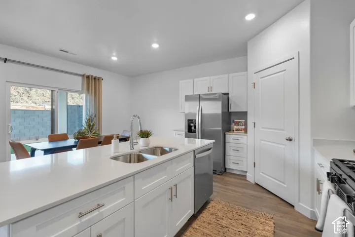 Kitchen island with an undermount double-basin sink, white shaker cabinetry, and stainless steel appliances