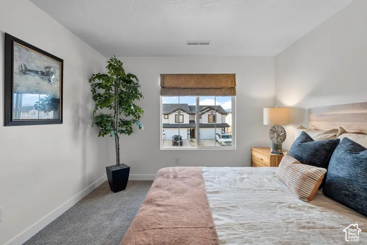 Bright secondary bedroom featuring carpet flooring, a large window with natural light and wooden window treatments, framed wall art, and a potted plant accent
