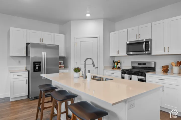Modern kitchen featuring white cabinetry, stainless steel appliances, light-toned countertops, wood-finish flooring, and a kitchen island with an integrated sink
