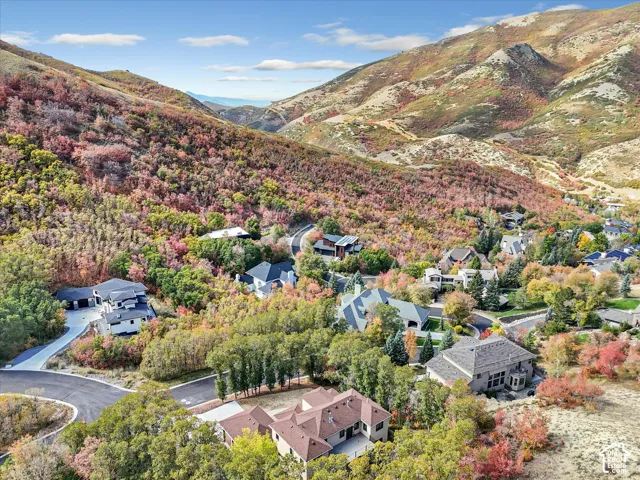 Aerial perspective of a hillside residential community nestled against mountainous terrain, featuring paved winding roadways, multi-story residences, and mature native landscaping