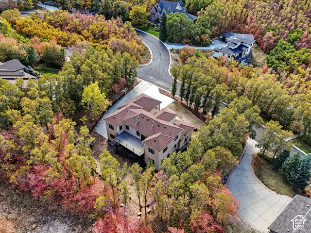 Aerial view featuring a multi-level residence with a multi-gabled roofline, an elevated rear deck, a concrete driveway, and surrounding mature foliage