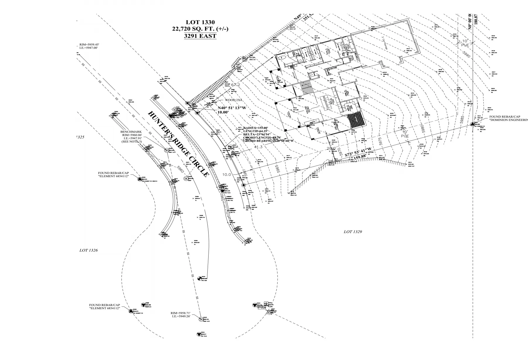 Survey Plat. Illustrating Lot 1330 with its area, street frontage, and topographical contours
