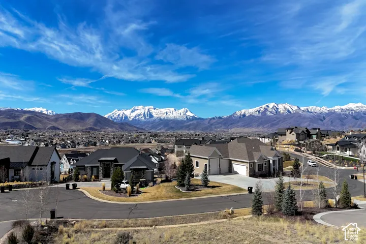 Neighborhood setting featuring a variety of architectural styles, snow-capped mountain backdrop, paved streets, and established landscaping