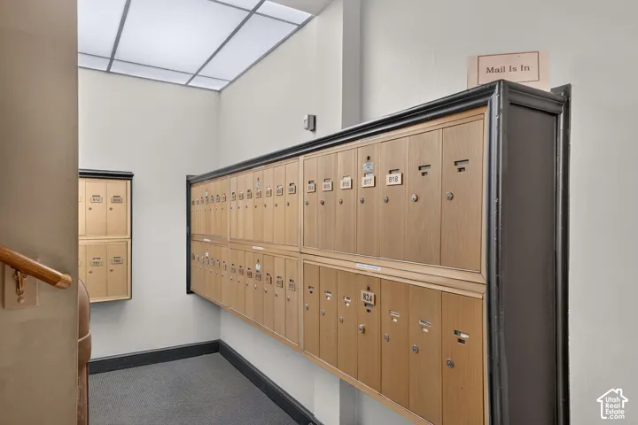 Mailboxes with wood-finish doors and dark-toned frames