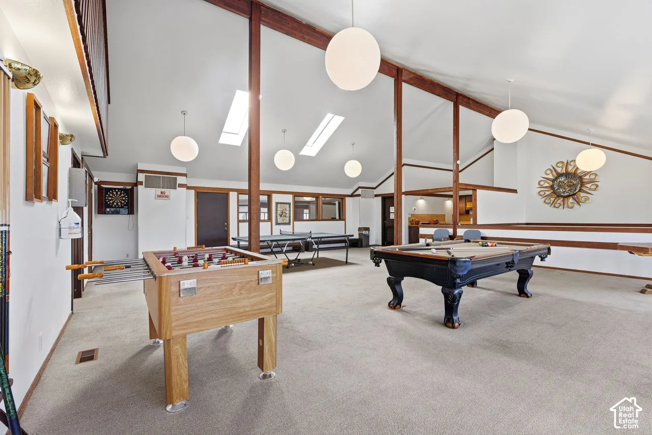 Club house Vaulted ceiling with pool table, ping pong multiple skylights, recessed lower level.