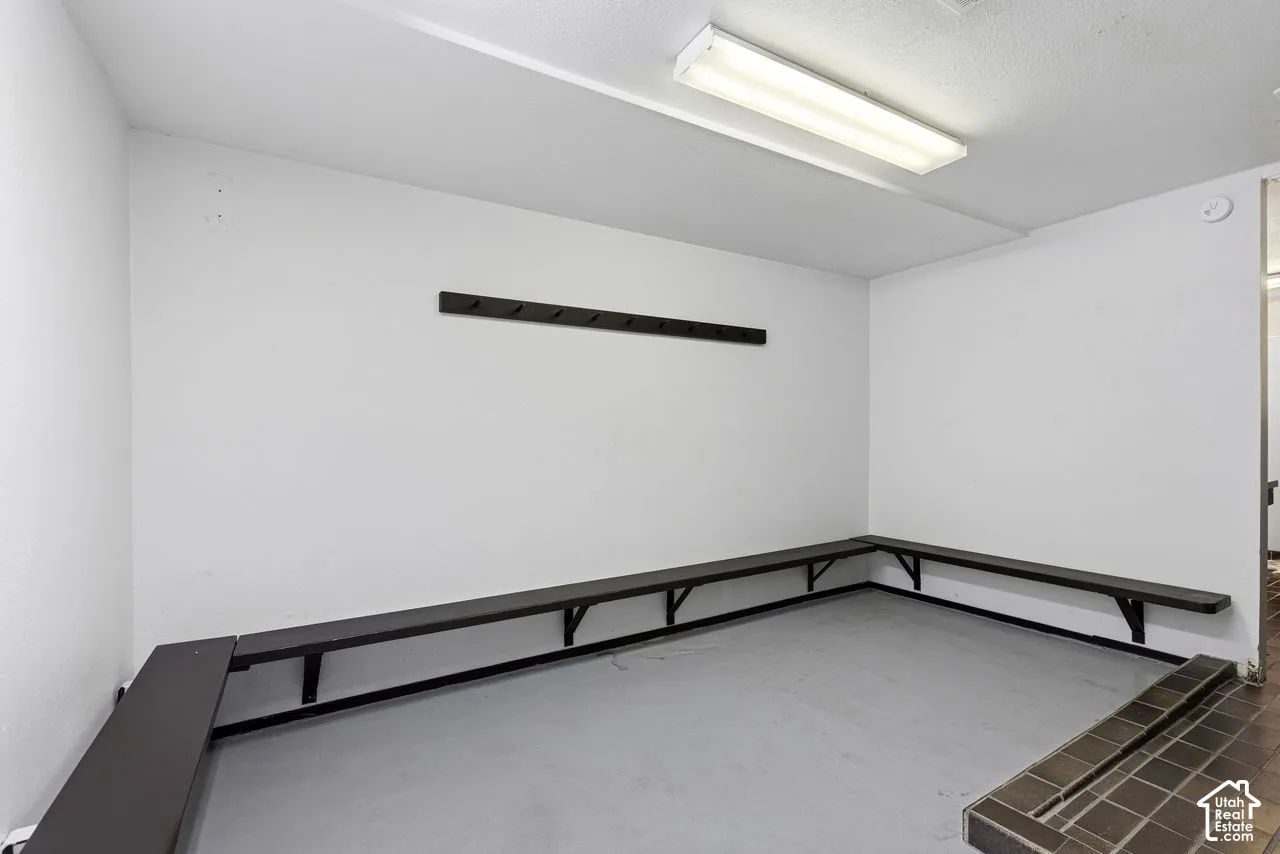 Built-in bench seating, locker room