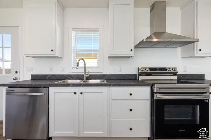 Kitchen featuring white cabinetry, dark stone-finish countertops, stainless steel appliances, and a double basin sink with a gooseneck faucet