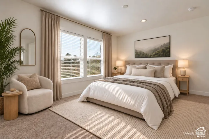 Recessed ceiling lighting, large windows with blinds and drapes, and a tufted upholstered bed frame