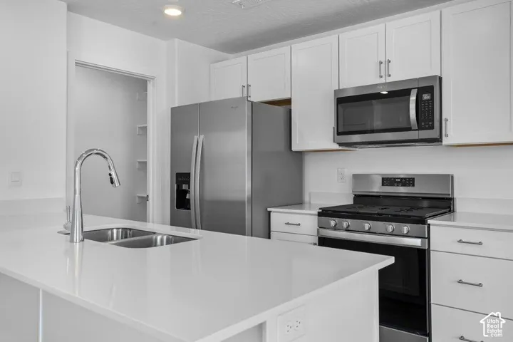 Kitchen featuring stainless steel appliances, white cabinetry, solid surface countertops, a double basin sink with a high arc faucet, and recessed lighting