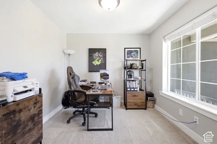 Carpeted flooring, a flush-mount ceiling light, white trim, and a large multi-pane window