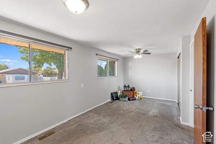 Recessed lighting, ceiling fan, and light gray walls