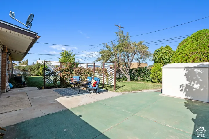 Expansive backyard featuring a concrete patio, a green-painted concrete area, a white storage shed, and mature landscaping