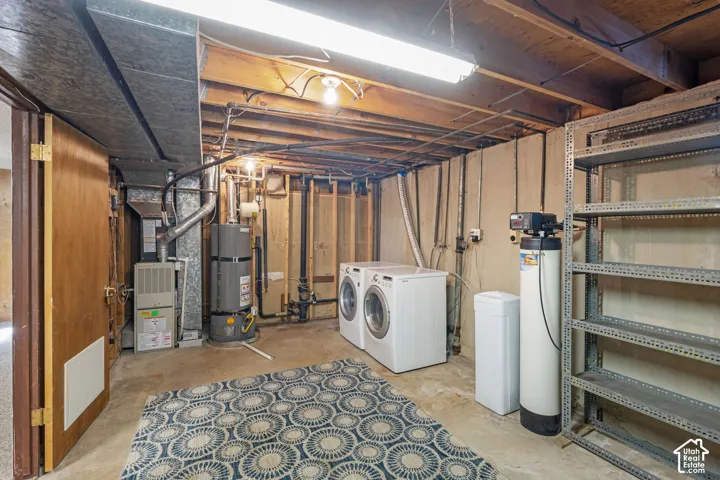 Concrete flooring, exposed ceiling beams, water heater, furnace, and a water filtration system