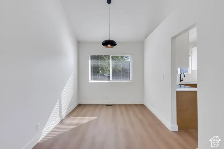 Wood-finish flooring, a contemporary pendant light fixture, and a window with blinds