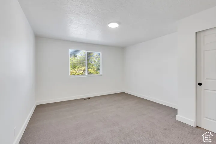 Carpeted flooring, white walls, and a window with horizontal blinds