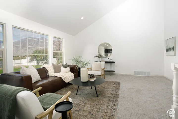 Vaulted ceilings with recessed lighting, large pane windows, and light gray carpeting