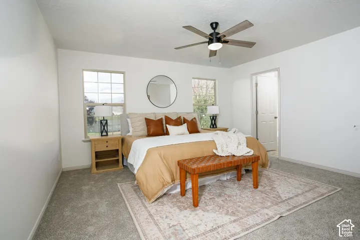 Recessed lighting, wood-finish ceiling fan, two double-hung windows, and plush carpet flooring