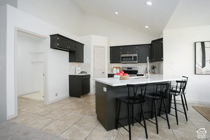 Kitchen featuring dark cabinetry, stainless steel appliances, white countertop island with seating, and tile flooring