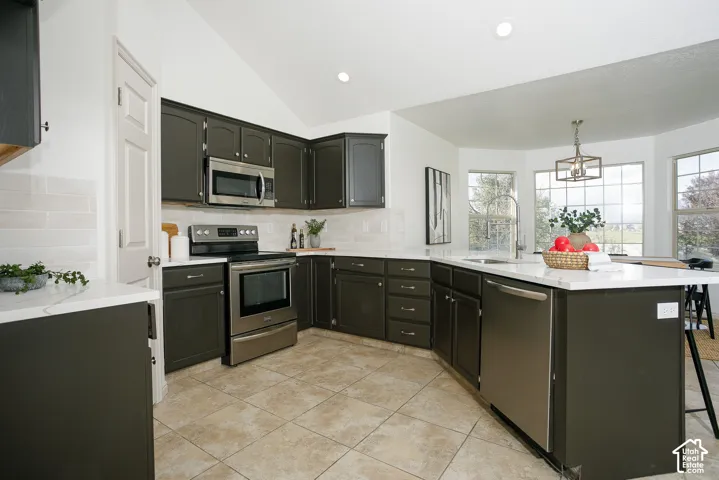 Kitchen featuring dark cabinetry, stainless steel appliances, light countertops, and tiled flooring