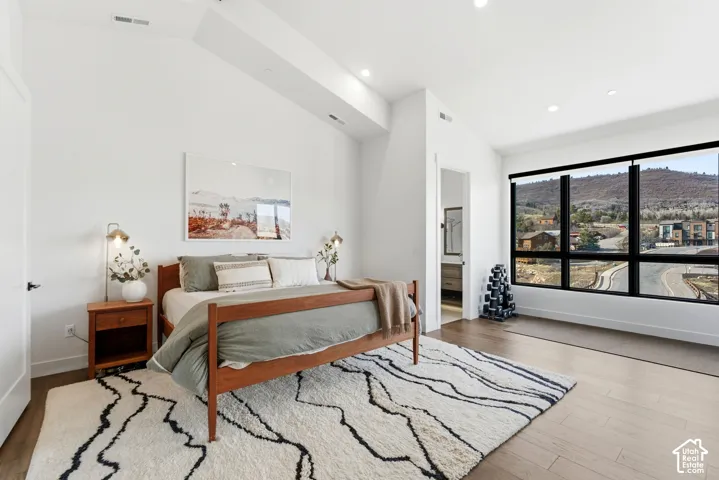 Vaulted ceilings, large pane windows, recessed lighting, wood-finish flooring, and a solid core door with matte black hardware