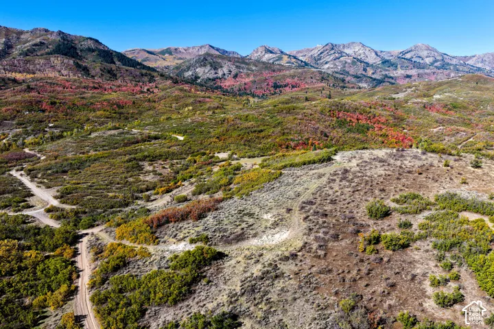 Expansive natural landscape featuring rolling hills, varied foliage, mountainous terrain, and a clear blue sky