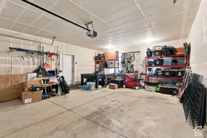 Concrete flooring, exposed drywall, overhead lighting, garage door opener